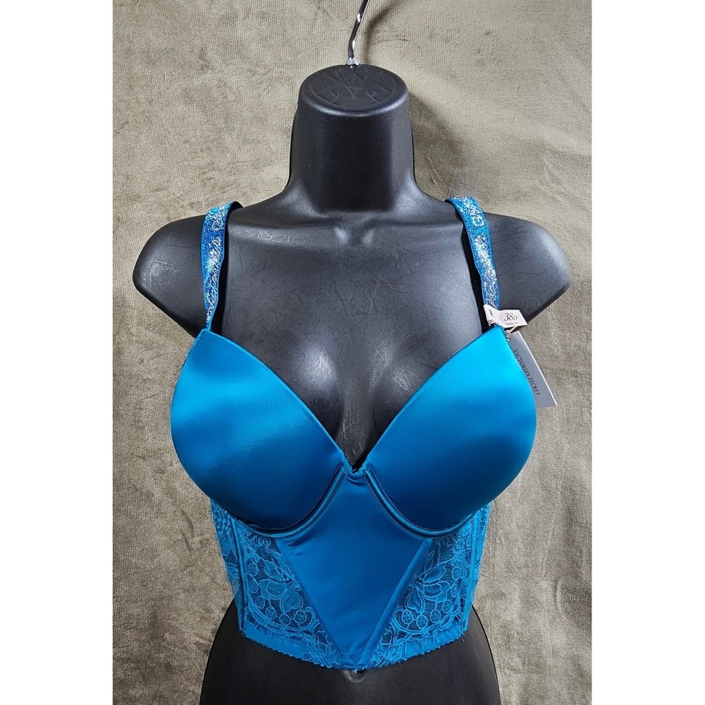 Victorias Secret Very Sexy Shine Strap Lace Corset Push Up Top Teal Blue 38D NEW